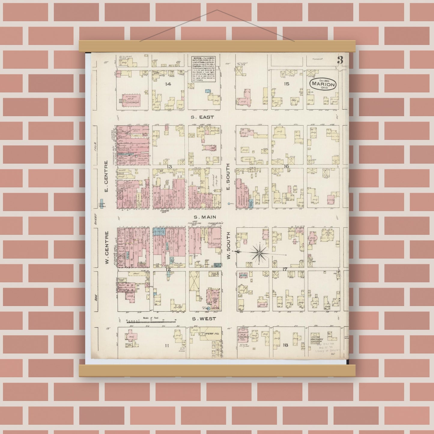 Old map wall art mockup — magnetic wood frame on brick wall — Sanborn Fire Insurance Map from Marion, Marion County, Ohio (1884), Sheet #0003