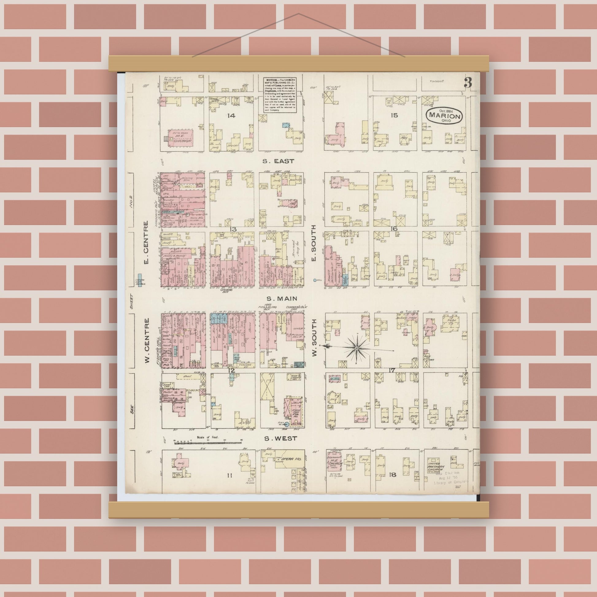Old map wall art mockup — magnetic wood frame on brick wall — Sanborn Fire Insurance Map from Marion, Marion County, Ohio (1884), Sheet #0003