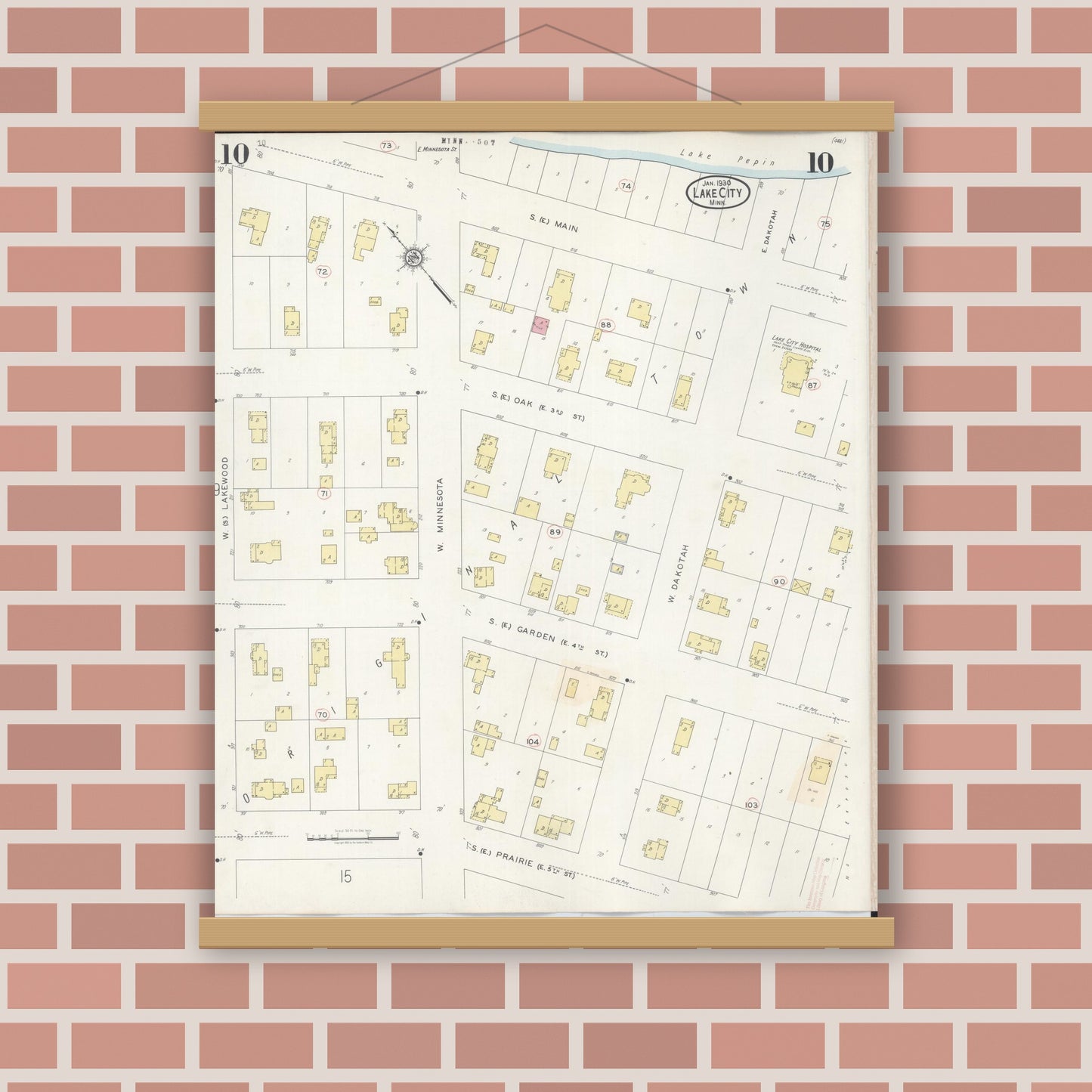 Old map wall art mockup — magnetic wood frame on brick wall — Sanborn Fire Insurance Map from Lake City, Wabasha County, Minnesota (1938), Sheet #0010