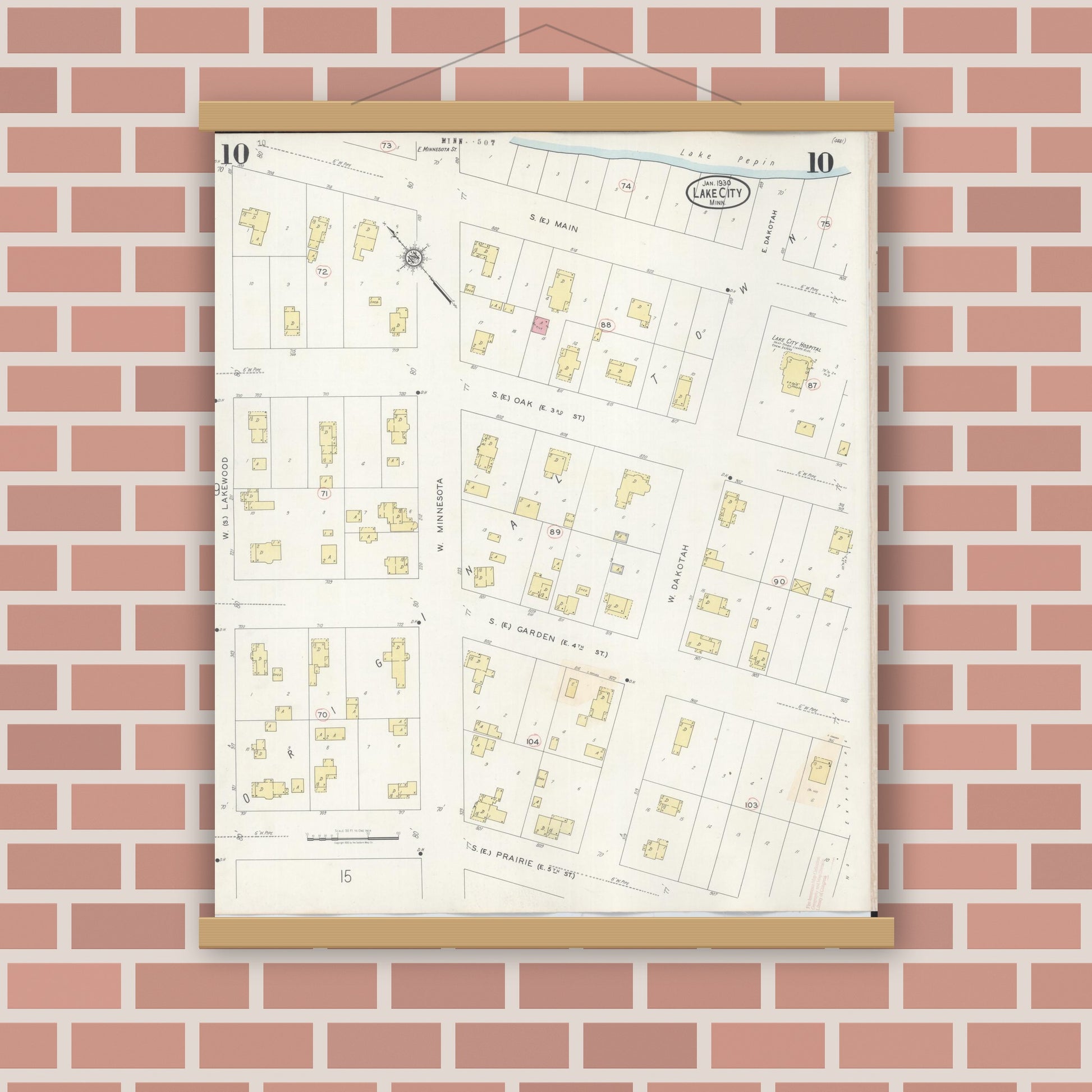 Old map wall art mockup — magnetic wood frame on brick wall — Sanborn Fire Insurance Map from Lake City, Wabasha County, Minnesota (1938), Sheet #0010