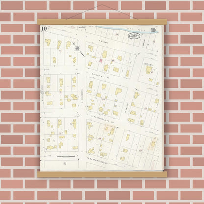 Old map wall art mockup — magnetic wood frame on brick wall — Sanborn Fire Insurance Map from Lake City, Wabasha County, Minnesota (1938), Sheet #0010