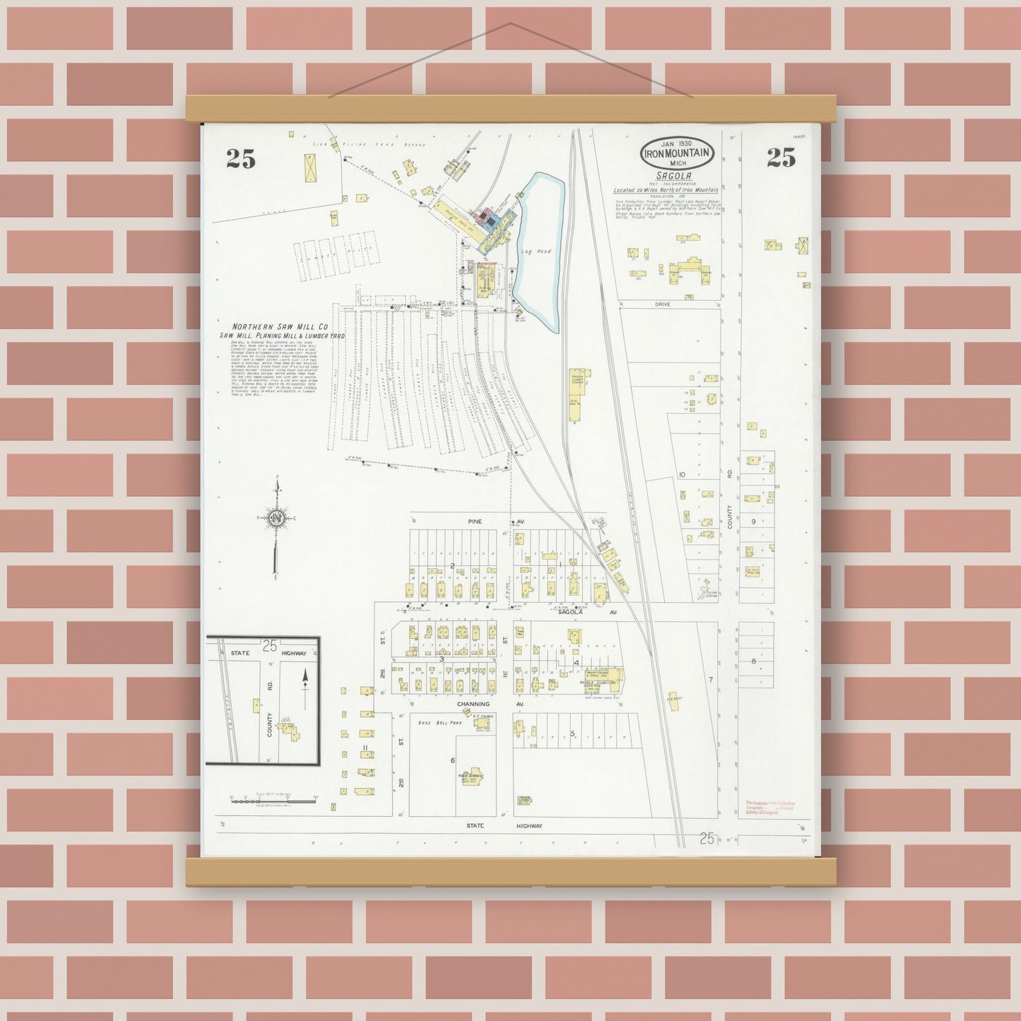 Old map wall art mockup — magnetic wood frame on brick wall — Sanborn Fire Insurance Map from Iron Mountain, Dickinson County, Michigan (1930), Sheet #0025