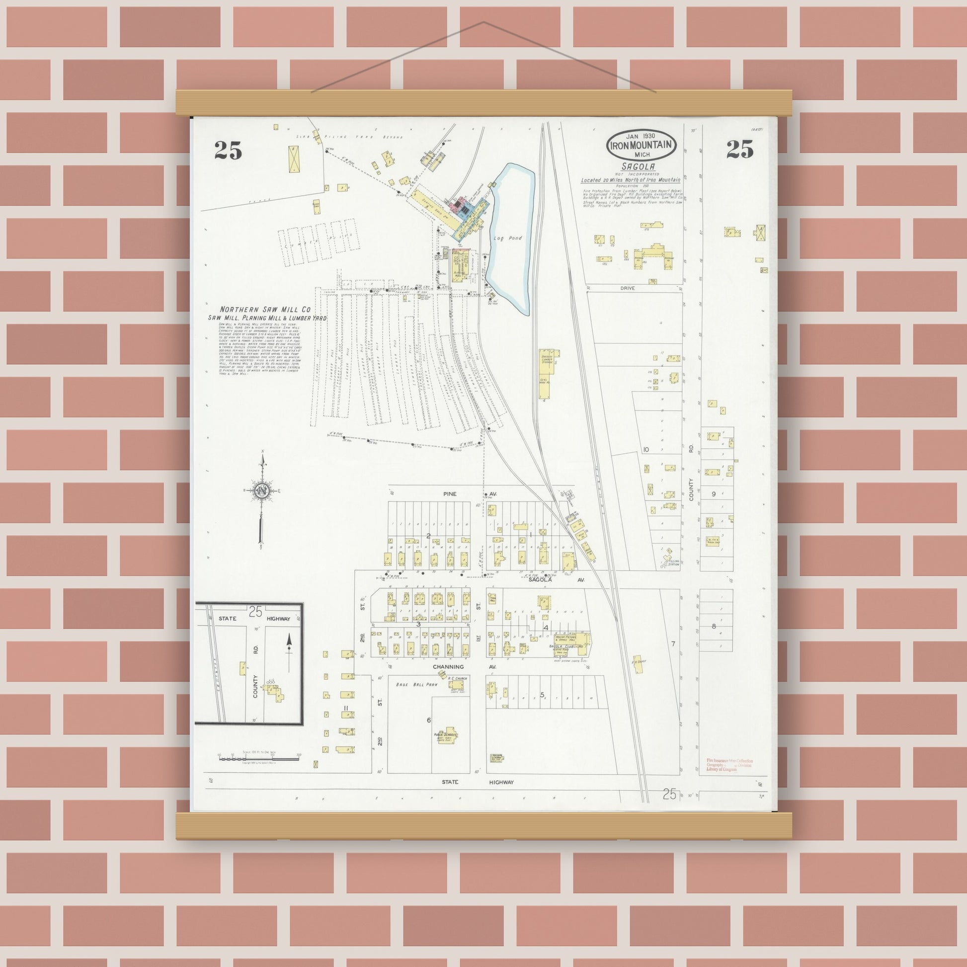 Old map wall art mockup — magnetic wood frame on brick wall — Sanborn Fire Insurance Map from Iron Mountain, Dickinson County, Michigan (1930), Sheet #0025
