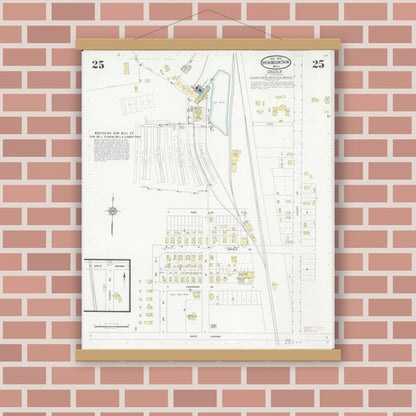 Old map wall art mockup — magnetic wood frame on brick wall — Sanborn Fire Insurance Map from Iron Mountain, Dickinson County, Michigan (1930), Sheet #0025