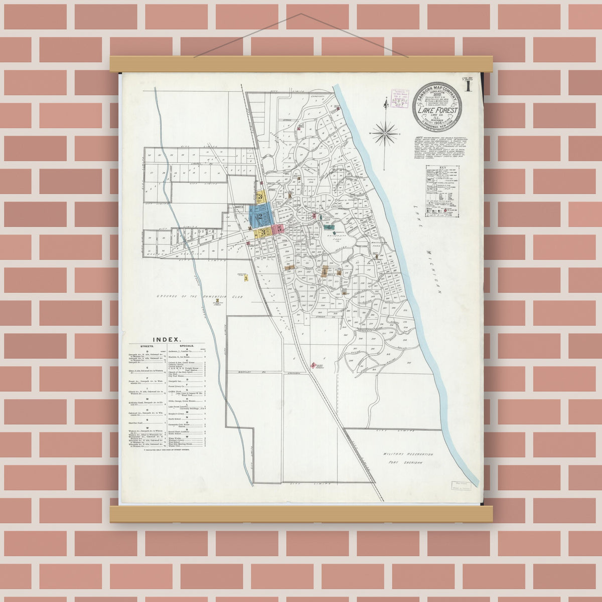 Old map wall art mockup — magnetic wood frame on brick wall — Sanborn Fire Insurance Map from Lake Forest, Lake County, Illinois (1904) - Complete Map Set