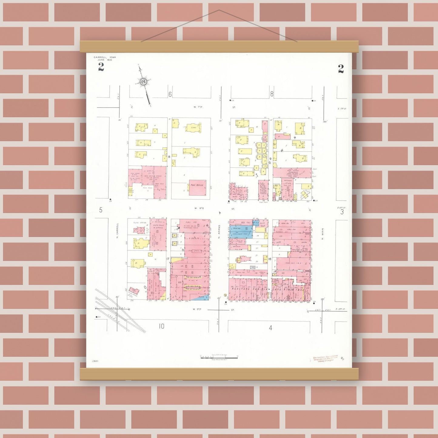 Old map wall art mockup — magnetic wood frame on brick wall — Sanborn Fire Insurance Map from Carroll, Carroll County, Iowa (1935), Sheet #0002