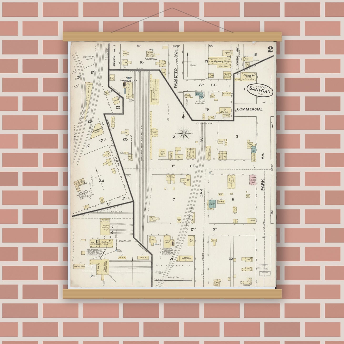Old map wall art mockup — magnetic wood frame on brick wall — Sanborn Fire Insurance Map from Sanford, Seminole County, Florida (1887), Sheet #0002