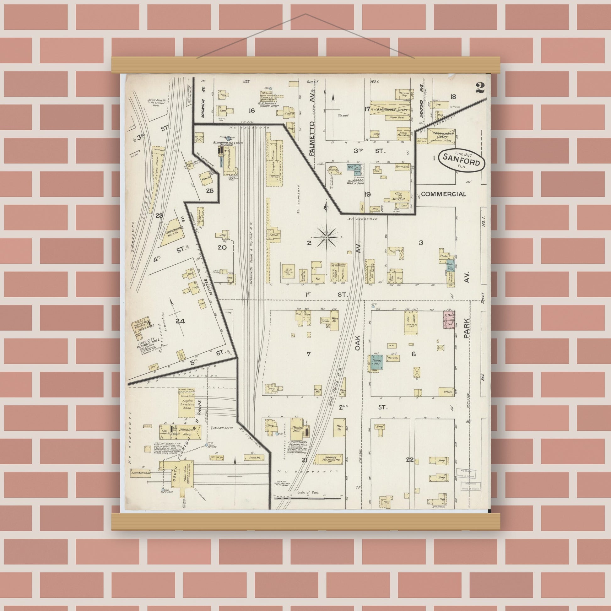 Old map wall art mockup — magnetic wood frame on brick wall — Sanborn Fire Insurance Map from Sanford, Seminole County, Florida (1887), Sheet #0002