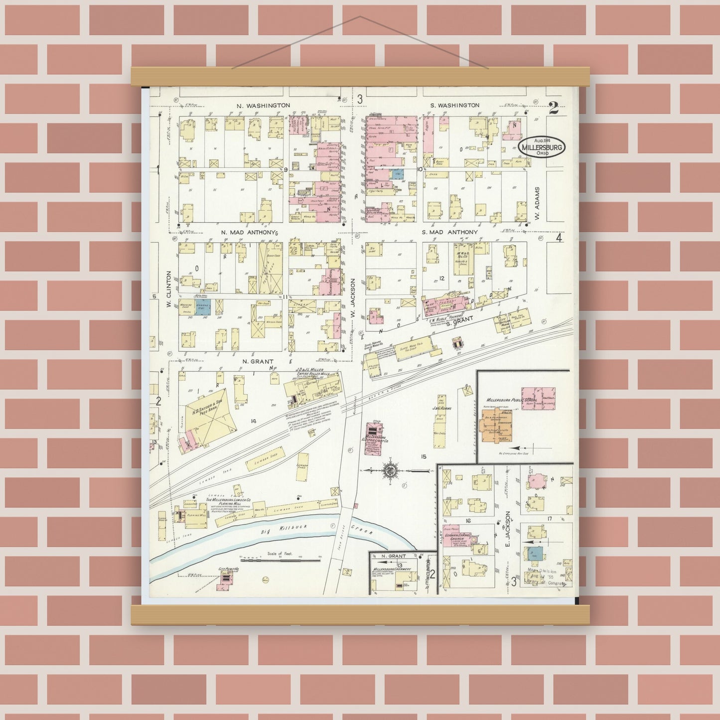 Old map wall art mockup — magnetic wood frame on brick wall — Sanborn Fire Insurance Map from Millersburg, Holmes County, Ohio (1914), Sheet #0002