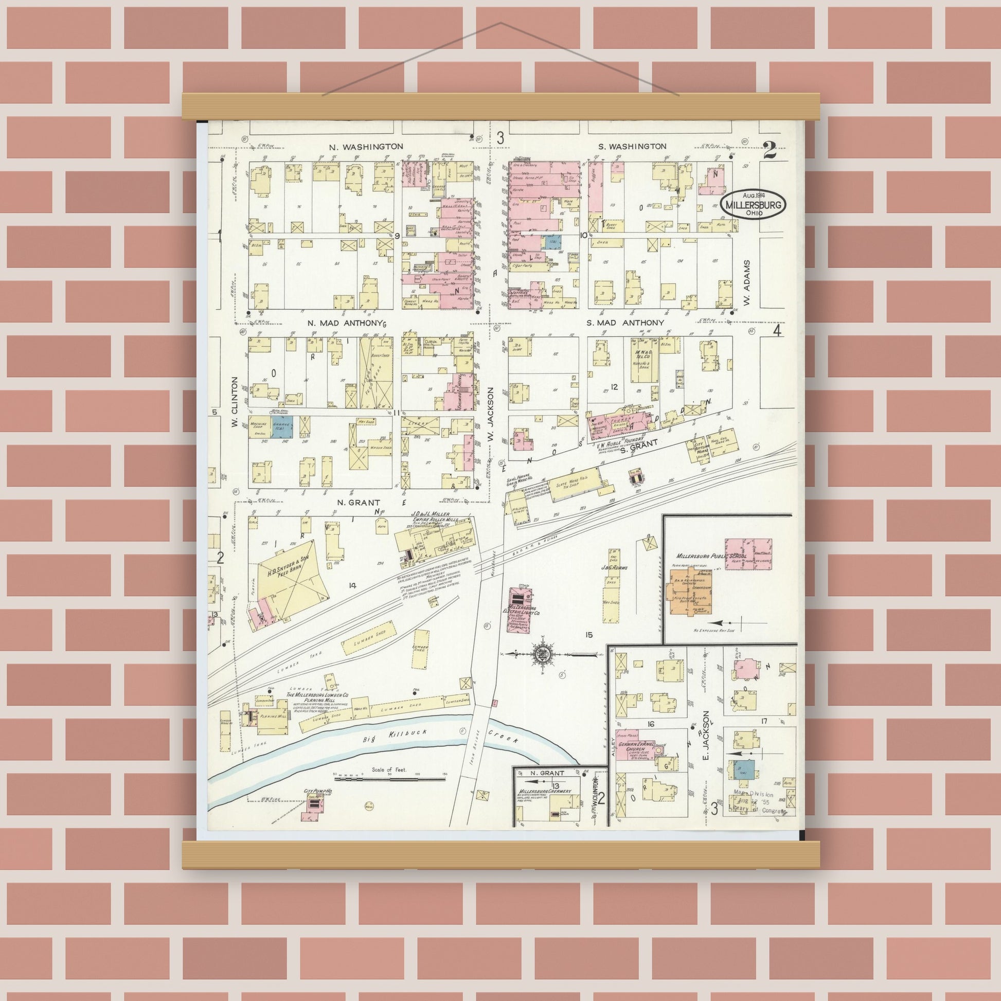 Old map wall art mockup — magnetic wood frame on brick wall — Sanborn Fire Insurance Map from Millersburg, Holmes County, Ohio (1914), Sheet #0002