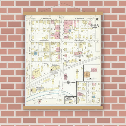 Old map wall art mockup — magnetic wood frame on brick wall — Sanborn Fire Insurance Map from Millersburg, Holmes County, Ohio (1914), Sheet #0002