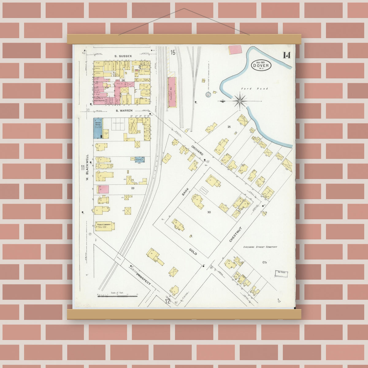 Old map wall art mockup — magnetic wood frame on brick wall — Sanborn Fire Insurance Map from Dover, Morris County, New Jersey (1909), Sheet #0014