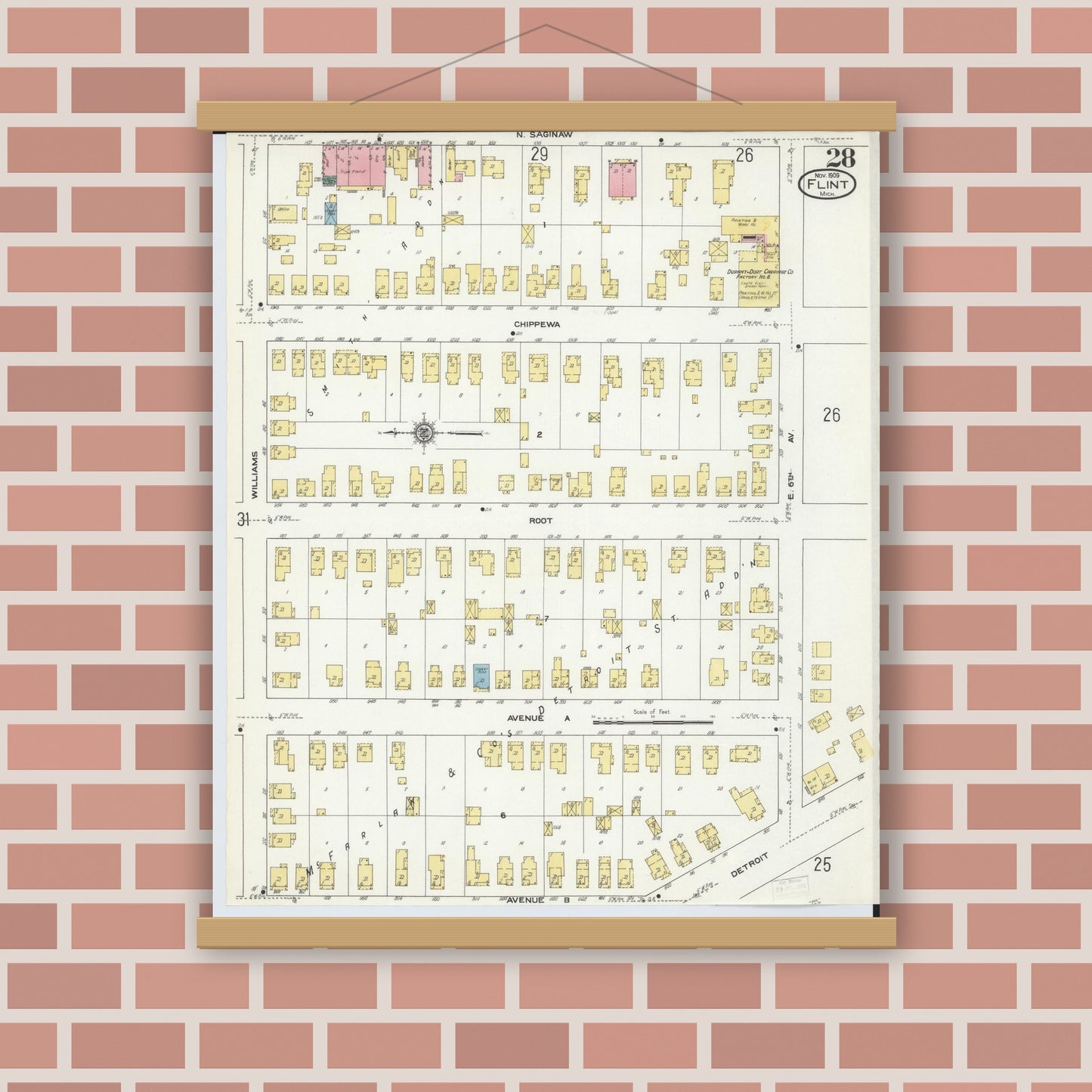 Old map wall art mockup — magnetic wood frame on brick wall — Sanborn Fire Insurance Map from Flint, Genesee County, Michigan (1909), Sheet #0028