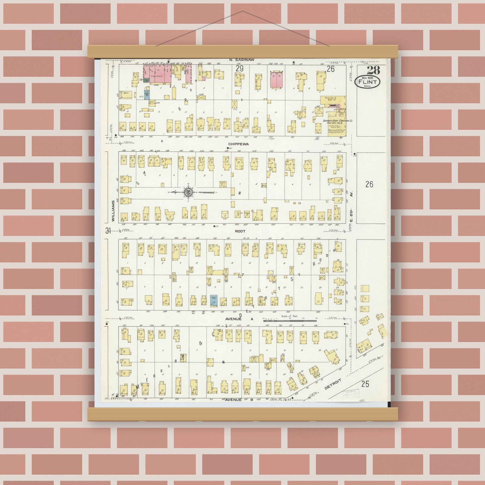 Old map wall art mockup — magnetic wood frame on brick wall — Sanborn Fire Insurance Map from Flint, Genesee County, Michigan (1909), Sheet #0028