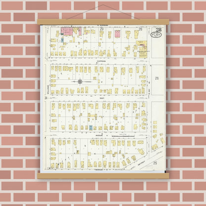 Old map wall art mockup — magnetic wood frame on brick wall — Sanborn Fire Insurance Map from Flint, Genesee County, Michigan (1909), Sheet #0028
