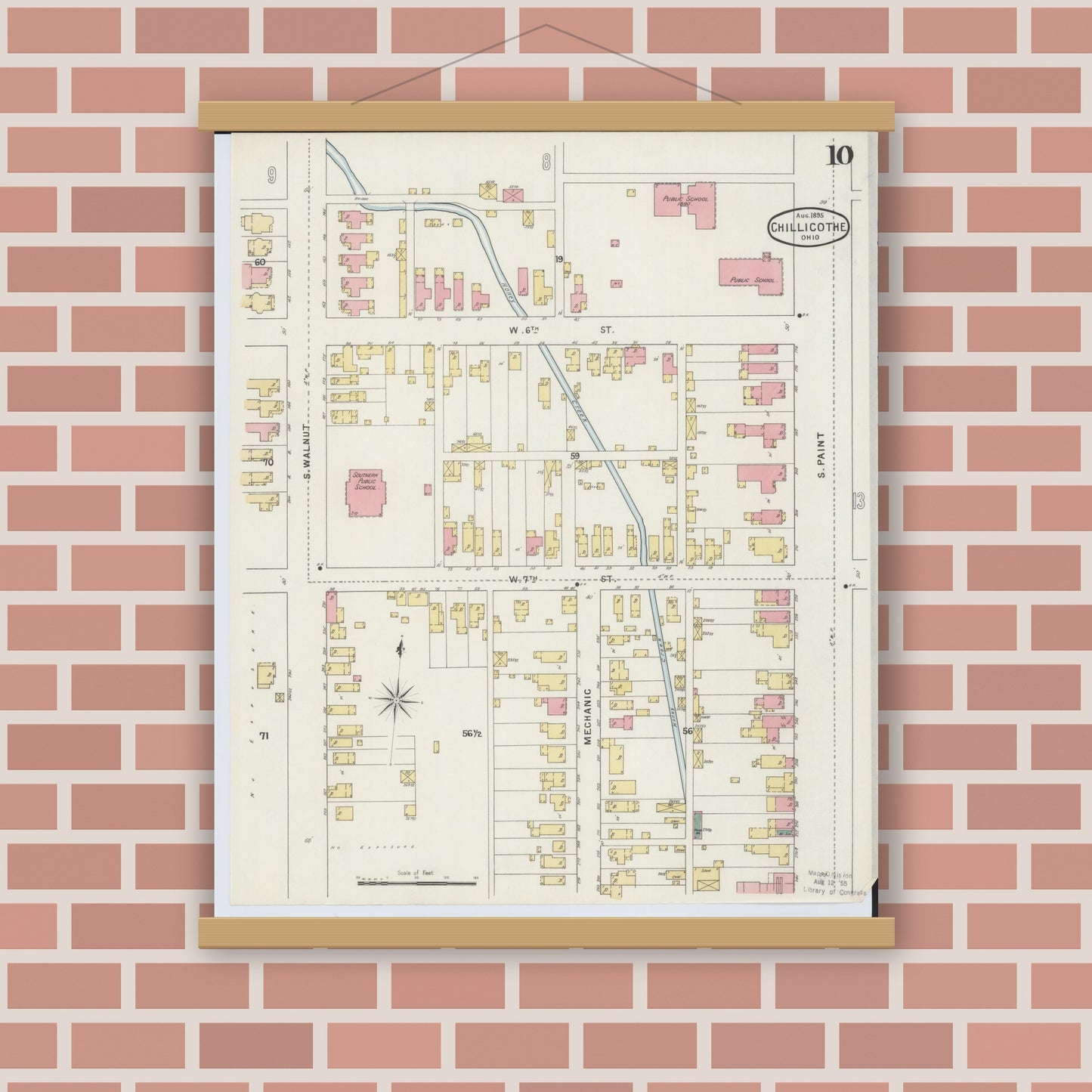 Old map wall art mockup — magnetic wood frame on brick wall — Sanborn Fire Insurance Map from Chillicothe, Ross County, Ohio (1895), Sheet #0010