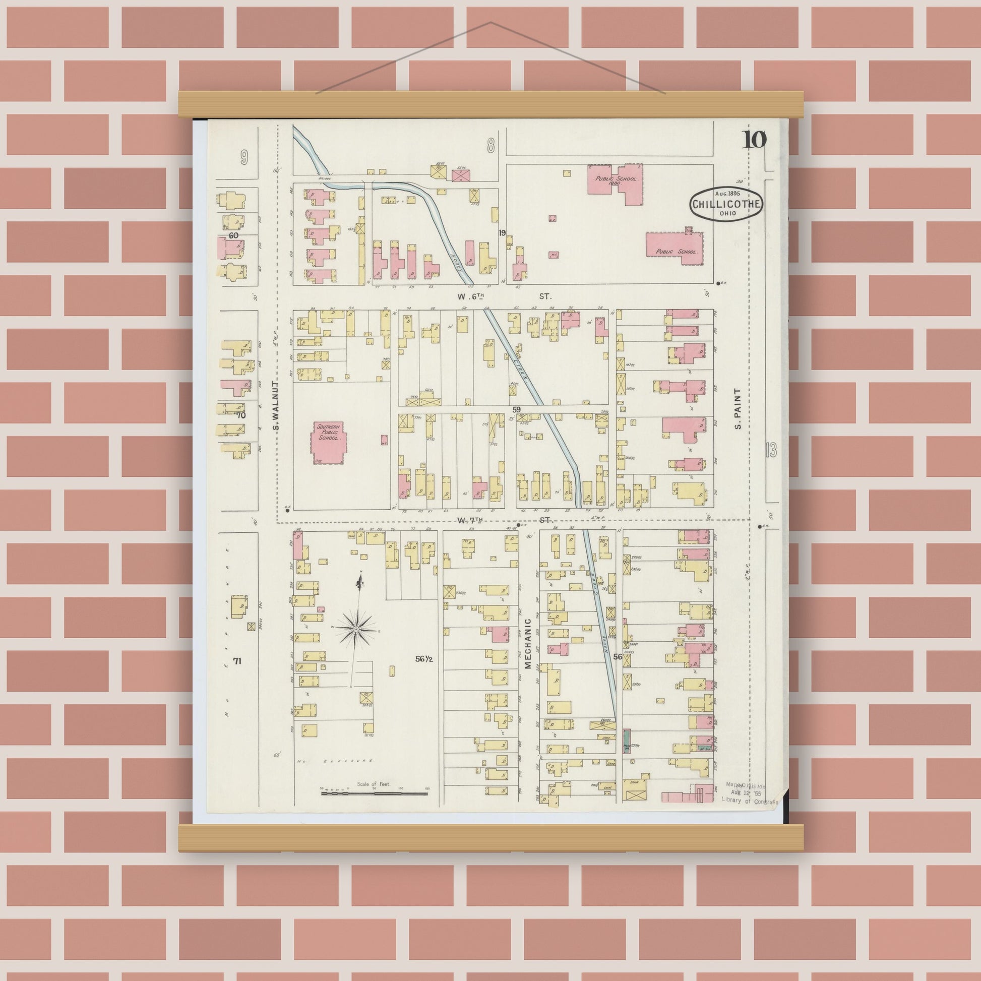 Old map wall art mockup — magnetic wood frame on brick wall — Sanborn Fire Insurance Map from Chillicothe, Ross County, Ohio (1895), Sheet #0010