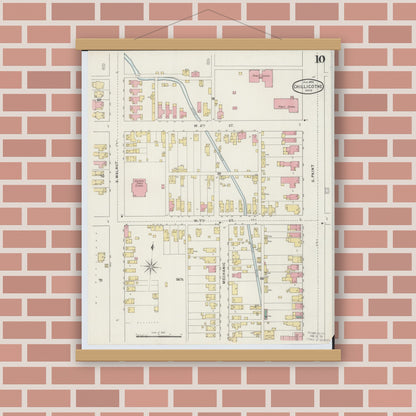 Old map wall art mockup — magnetic wood frame on brick wall — Sanborn Fire Insurance Map from Chillicothe, Ross County, Ohio (1895), Sheet #0010