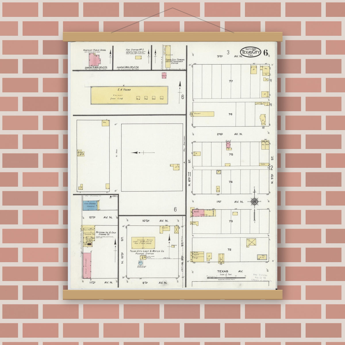 Old map wall art mockup — magnetic wood frame on brick wall — Sanborn Fire Insurance Map from Texas City, Galveston County, Texas (1920), Sheet #0006
