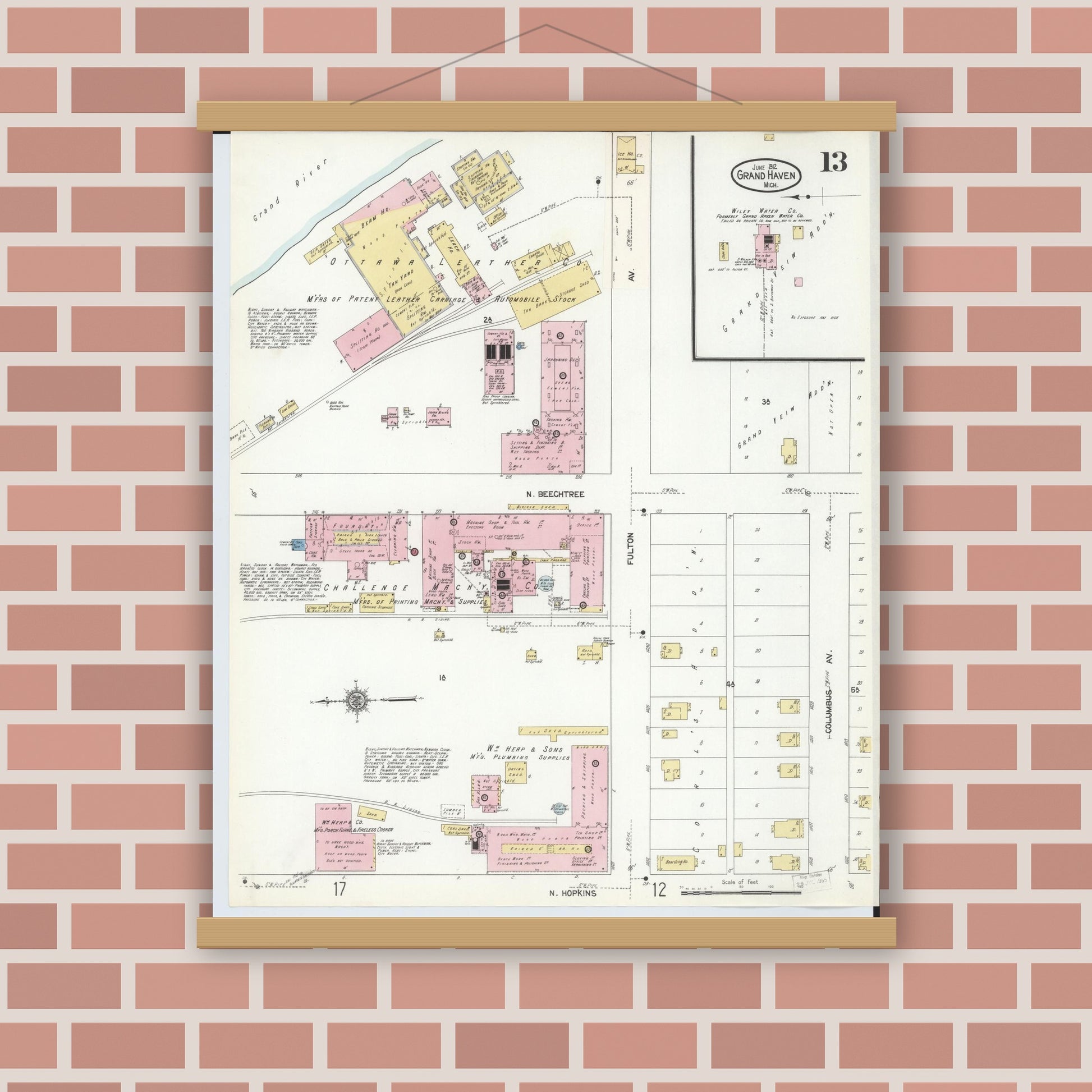 Old map wall art mockup — magnetic wood frame on brick wall — Sanborn Fire Insurance Map from Grand Haven, Ottawa County, Michigan (1912), Sheet #0013