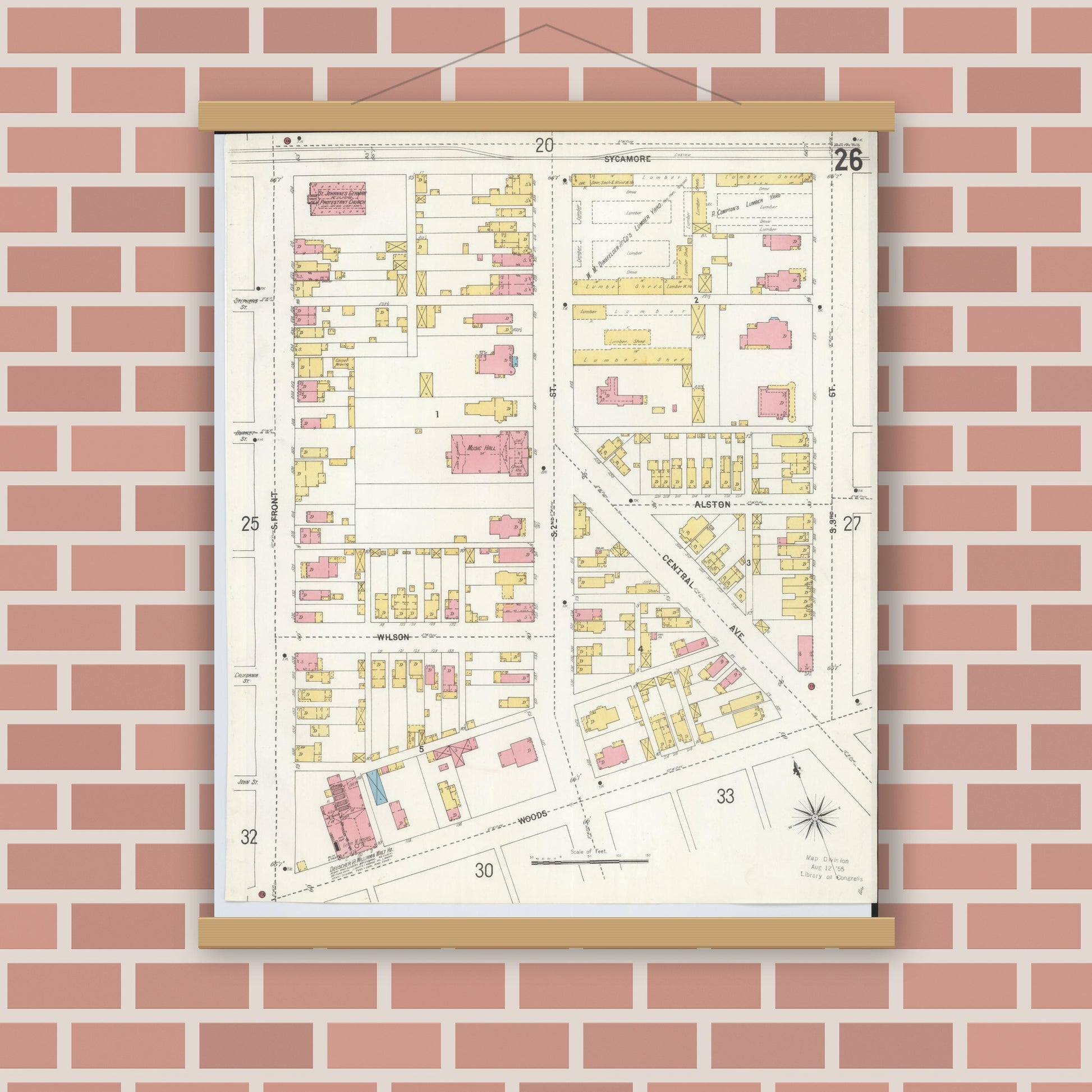 Old map wall art mockup — magnetic wood frame on brick wall — Sanborn Fire Insurance Map from Hamilton, Butler County, Ohio (1899), Sheet #0026