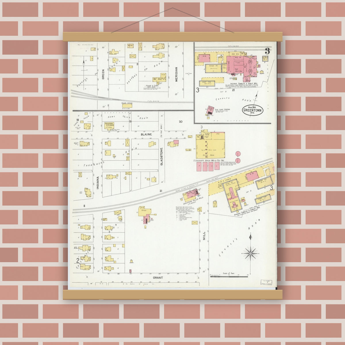 Old map wall art mockup — magnetic wood frame on brick wall — Sanborn Fire Insurance Map from Greentown, Howard County, Indiana (1902), Sheet #0003