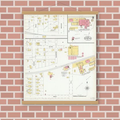 Old map wall art mockup — magnetic wood frame on brick wall — Sanborn Fire Insurance Map from Greentown, Howard County, Indiana (1902), Sheet #0003