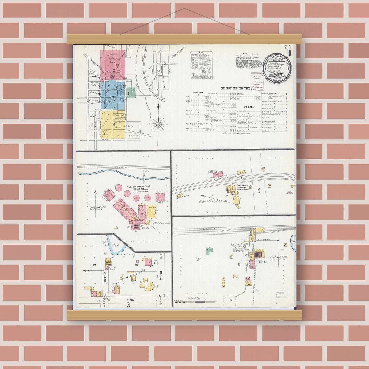 Old map wall art mockup — magnetic wood frame on brick wall — Sanborn Fire Insurance Map from Hillsboro, Montgomery County, Illinois (1899) - Complete Map Set