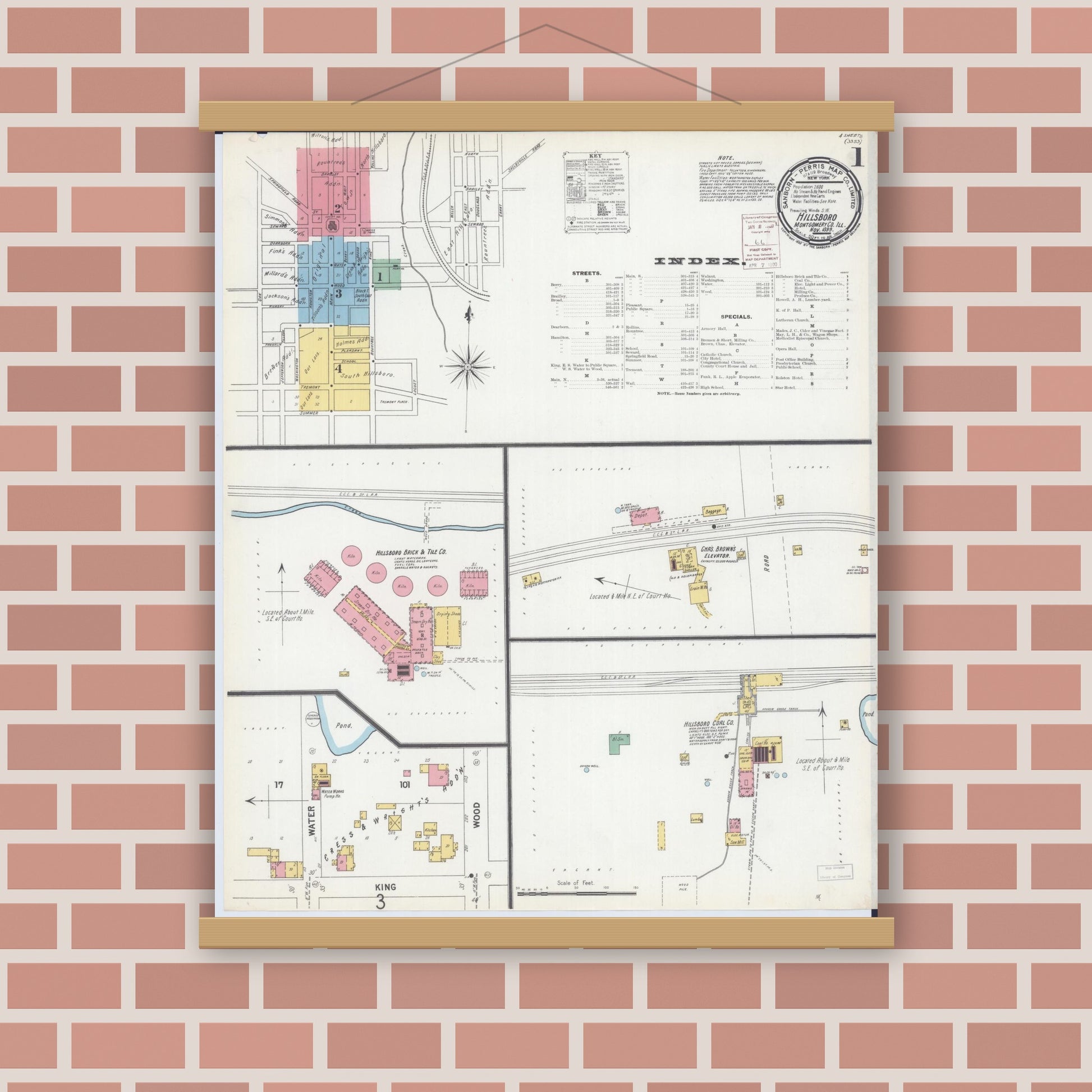 Old map wall art mockup — magnetic wood frame on brick wall — Sanborn Fire Insurance Map from Hillsboro, Montgomery County, Illinois (1899) - Complete Map Set