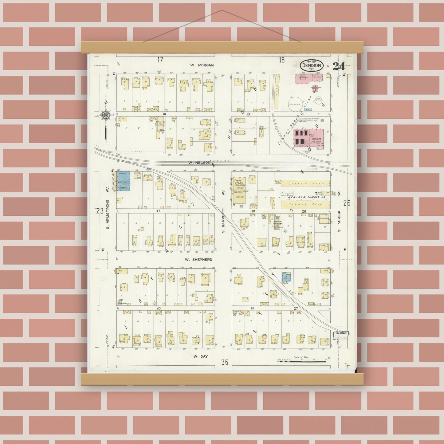 Old map wall art mockup — magnetic wood frame on brick wall — Sanborn Fire Insurance Map from Denison, Grayson County, Texas (1914), Sheet #0024