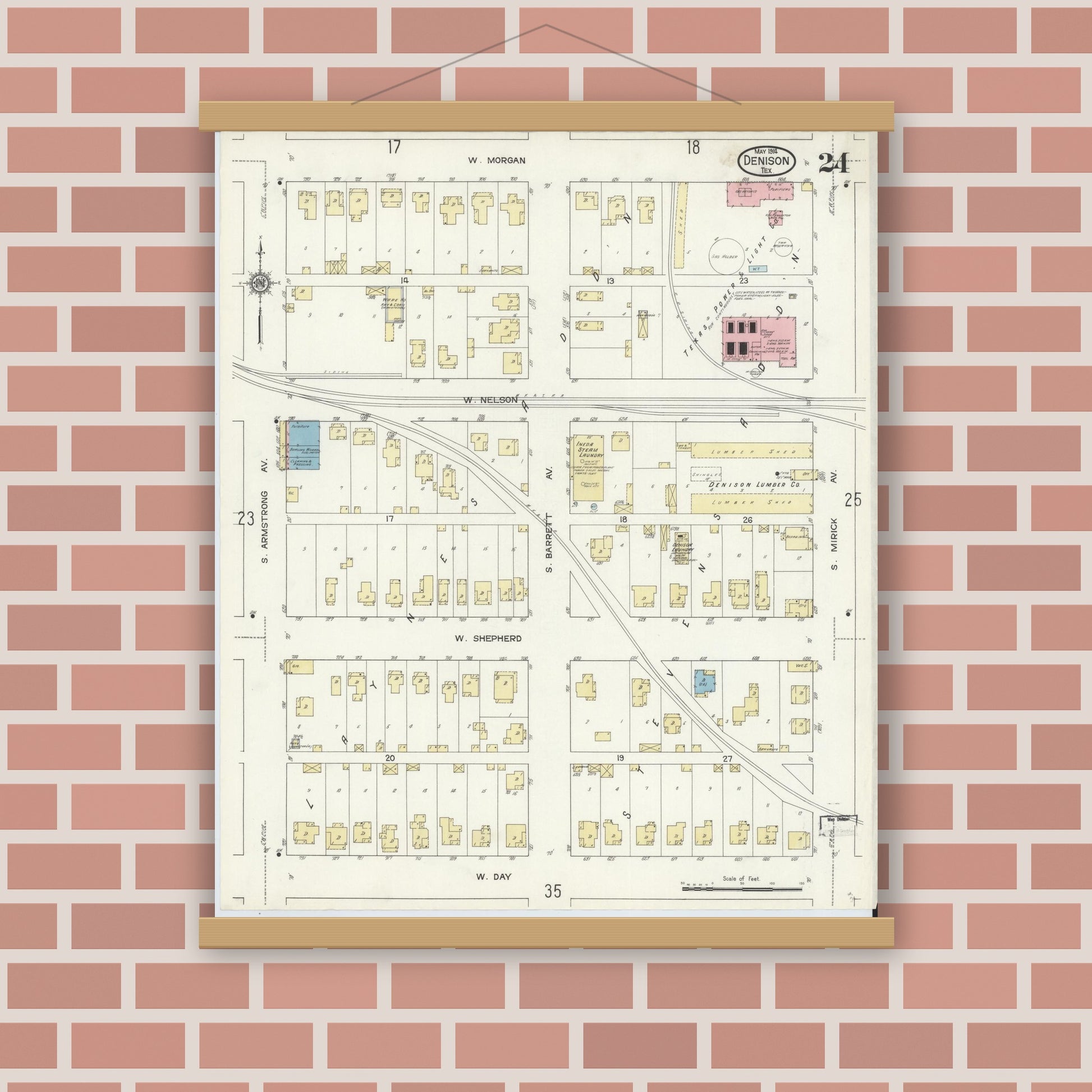 Old map wall art mockup — magnetic wood frame on brick wall — Sanborn Fire Insurance Map from Denison, Grayson County, Texas (1914), Sheet #0024