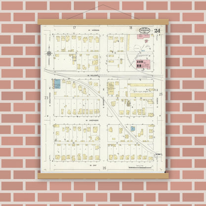 Old map wall art mockup — magnetic wood frame on brick wall — Sanborn Fire Insurance Map from Denison, Grayson County, Texas (1914), Sheet #0024
