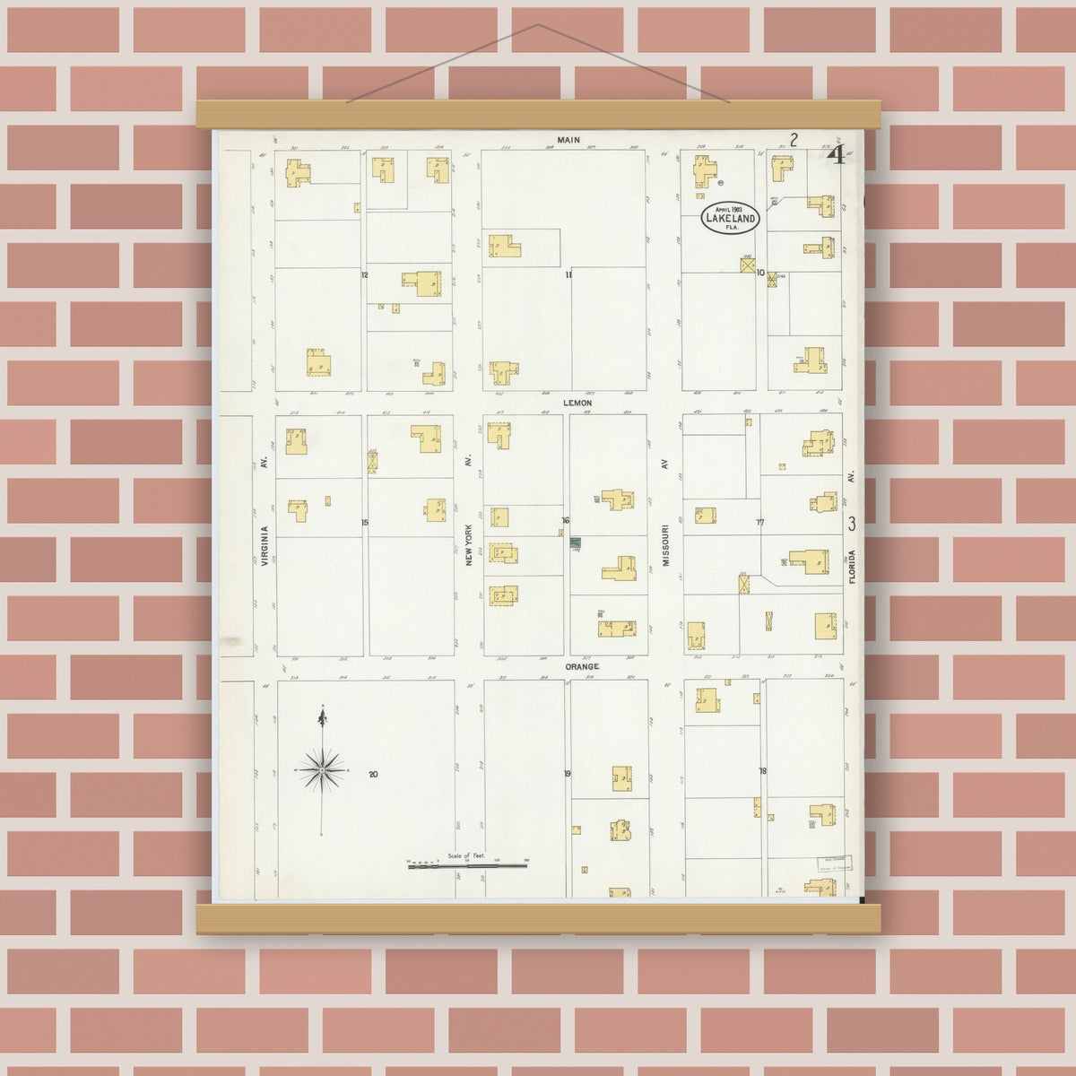 Old map wall art mockup — magnetic wood frame on brick wall — Sanborn Fire Insurance Map from Lakeland, Polk County, Florida (1903), Sheet #0003