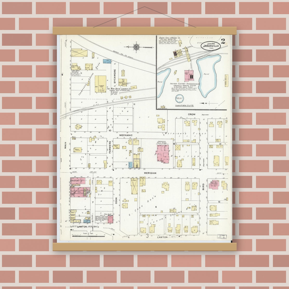 Old map wall art mockup — magnetic wood frame on brick wall — Sanborn Fire Insurance Map from Jasonville, Greene County, Indiana (1910), Sheet #0002