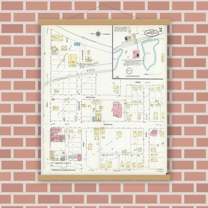 Old map wall art mockup — magnetic wood frame on brick wall — Sanborn Fire Insurance Map from Jasonville, Greene County, Indiana (1910), Sheet #0002