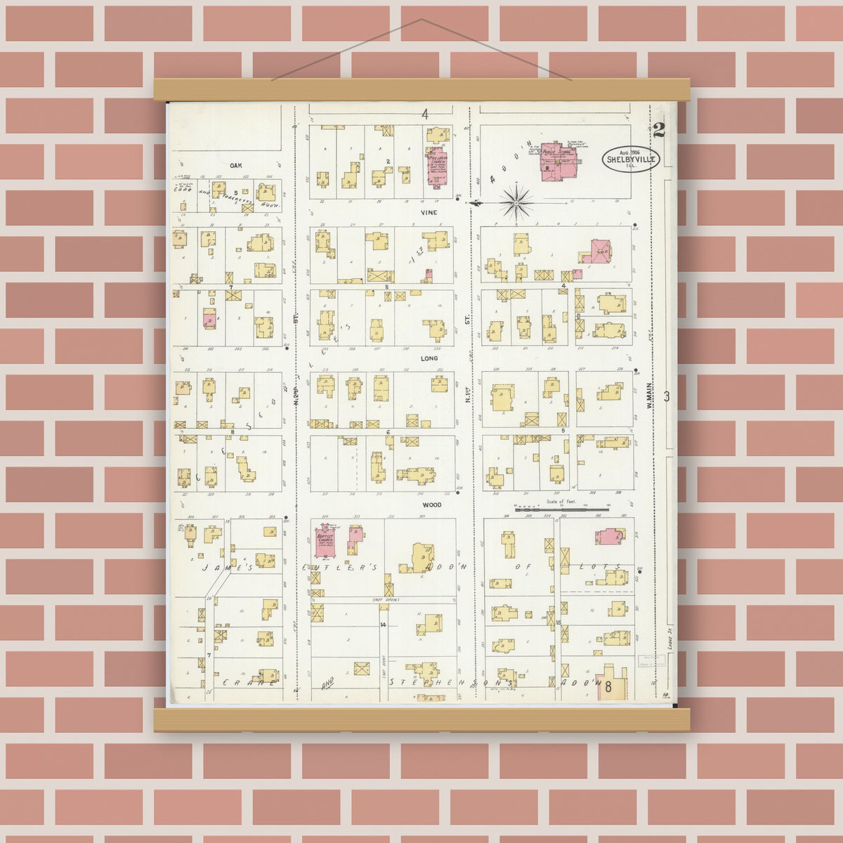 Old map wall art mockup — magnetic wood frame on brick wall — Sanborn Fire Insurance Map from Shelbyville, Shelby County, Illinois (1906), Sheet #0002