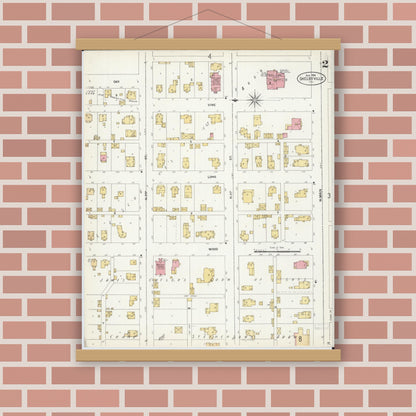 Old map wall art mockup — magnetic wood frame on brick wall — Sanborn Fire Insurance Map from Shelbyville, Shelby County, Illinois (1906), Sheet #0002