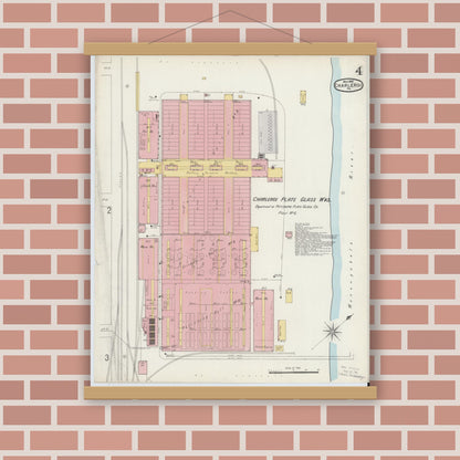 Old map wall art mockup — magnetic wood frame on brick wall — Sanborn Fire Insurance Map from Charleroi, Washington County, Pennsylvania (1897), Sheet #0004