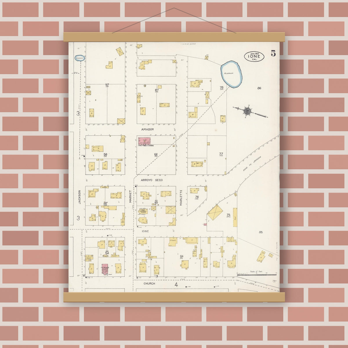Old map wall art mockup — magnetic wood frame on brick wall — Sanborn Fire Insurance Map from Ione, Amador County, California (1912), Sheet #0005