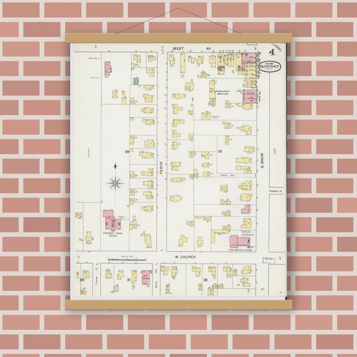 Old map wall art mockup — magnetic wood frame on brick wall — Sanborn Fire Insurance Map from Fairport, Monroe County, New York (1892), Sheet #0004