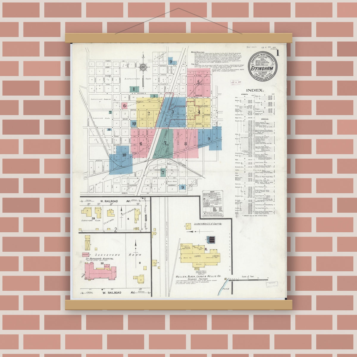 Old map wall art mockup — magnetic wood frame on brick wall — Sanborn Fire Insurance Map from Effingham, Effingham County, Illinois (1911), Sheet #0001