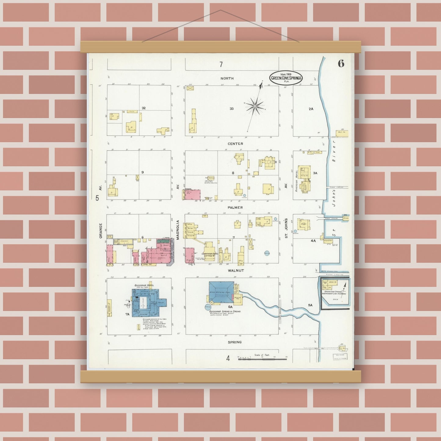 Old map wall art mockup — magnetic wood frame on brick wall — Sanborn Fire Insurance Map from Green Cove Springs, Clay County, Florida (1909), Sheet #0006