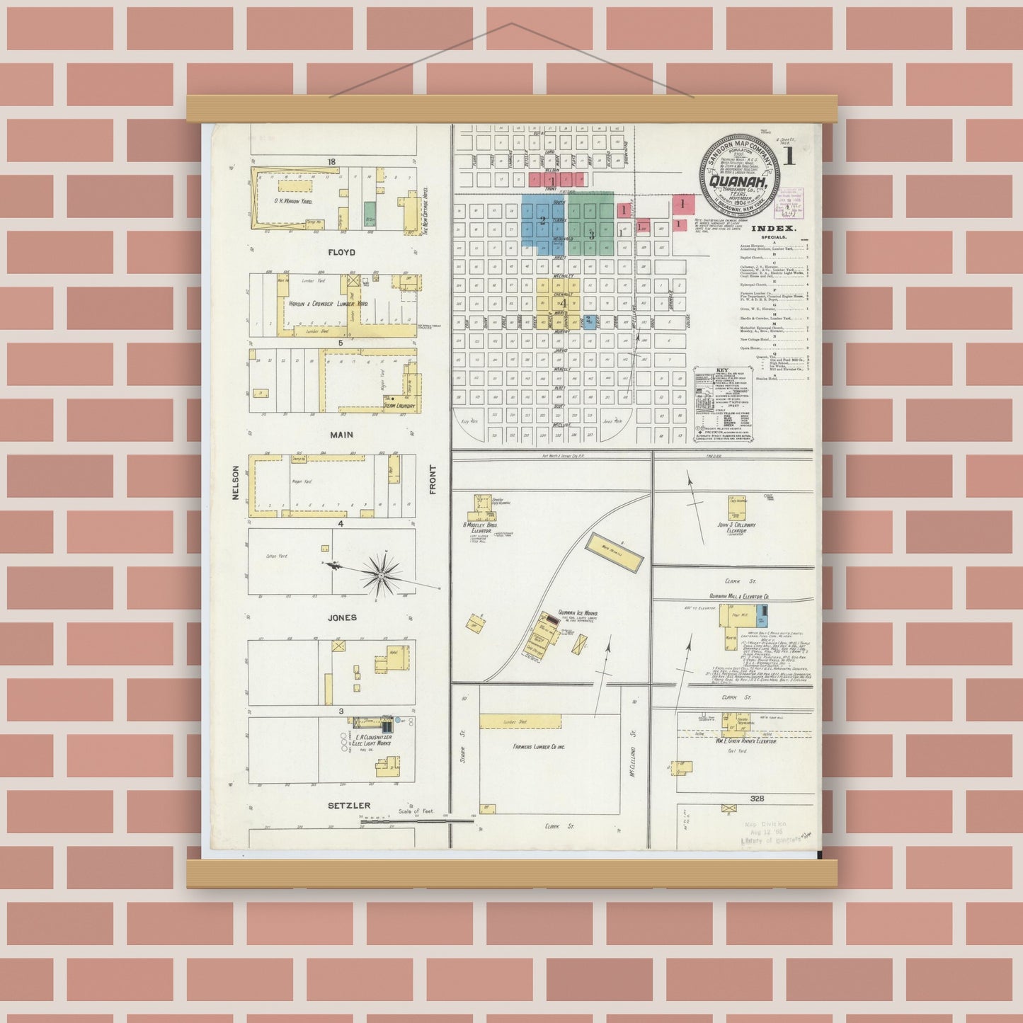 Old map wall art mockup — magnetic wood frame on brick wall — Sanborn Fire Insurance Map from Quanah, Hardeman County, Texas (1904), Sheet #0001