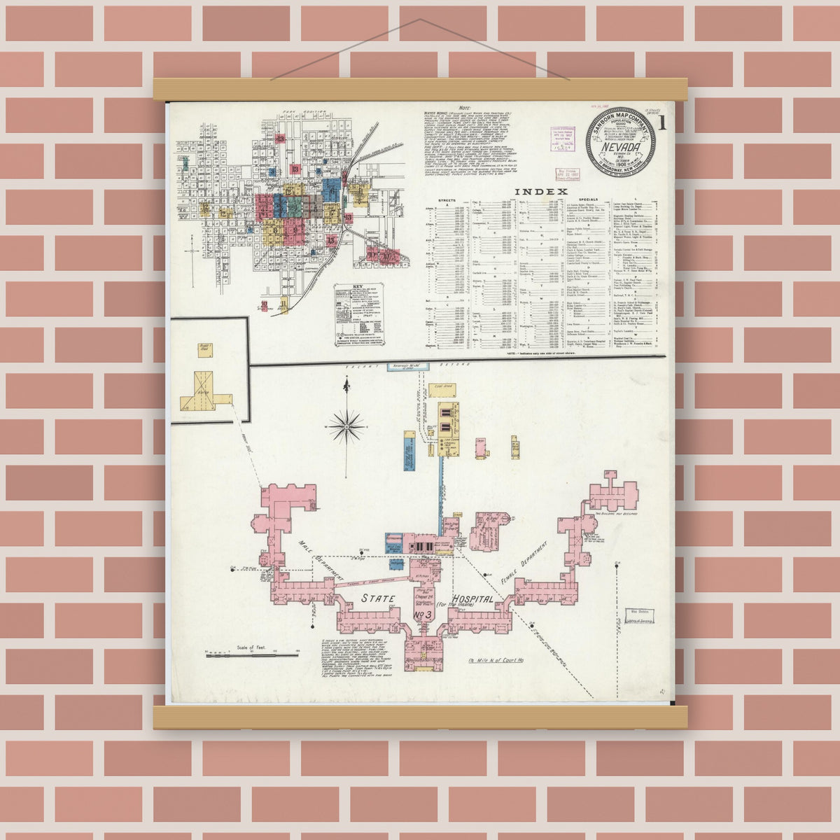 Old map wall art mockup — magnetic wood frame on brick wall — Sanborn Fire Insurance Map from Nevada, Vernon County, Missouri (1906), Sheet #0001