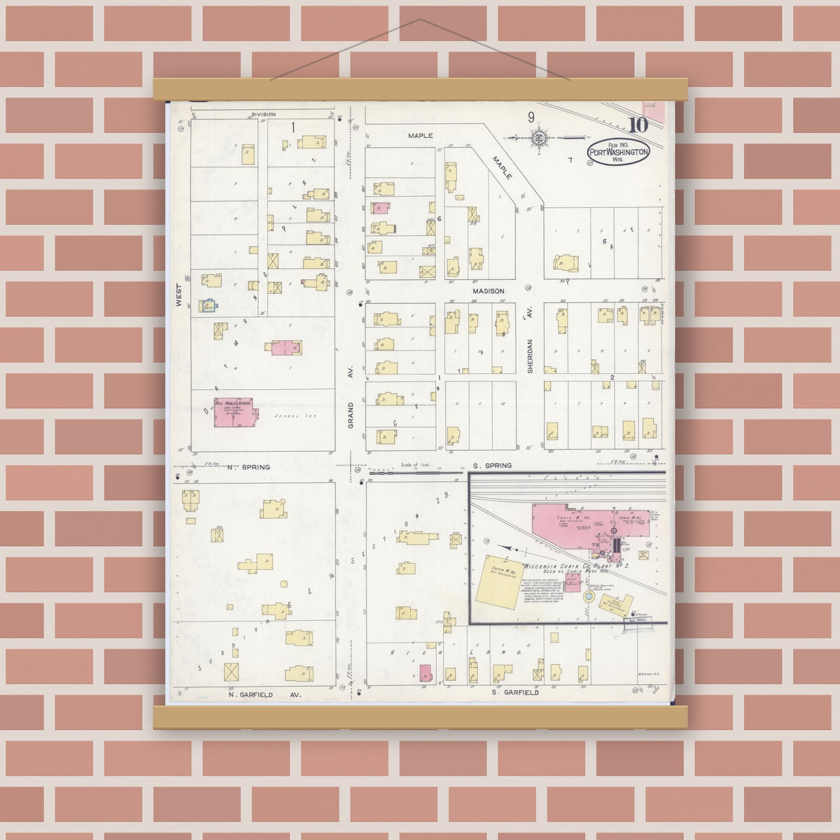 Old map wall art mockup — magnetic wood frame on brick wall — Sanborn Fire Insurance Map from Port Washington, Ozaukee County, Wisconsin (1913), Sheet #0010
