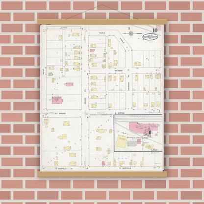 Old map wall art mockup — magnetic wood frame on brick wall — Sanborn Fire Insurance Map from Port Washington, Ozaukee County, Wisconsin (1913), Sheet #0010