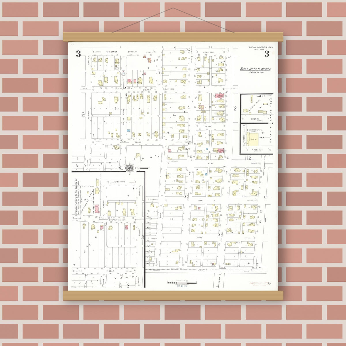 Old map wall art mockup — magnetic wood frame on brick wall — Sanborn Fire Insurance Map from Wilton Junction, Muscatine County, Iowa (1939), Sheet #0003