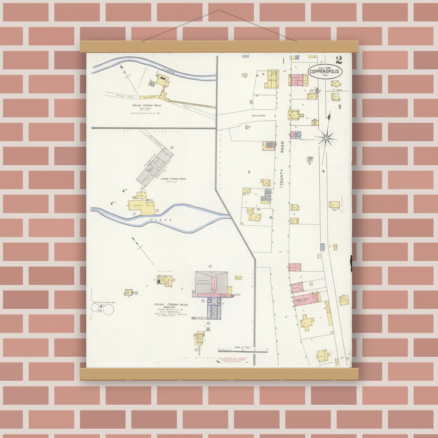 Old map wall art mockup — magnetic wood frame on brick wall — Sanborn Fire Insurance Map from Copperopolis, Calaveras County, California (1908), Sheet #0002