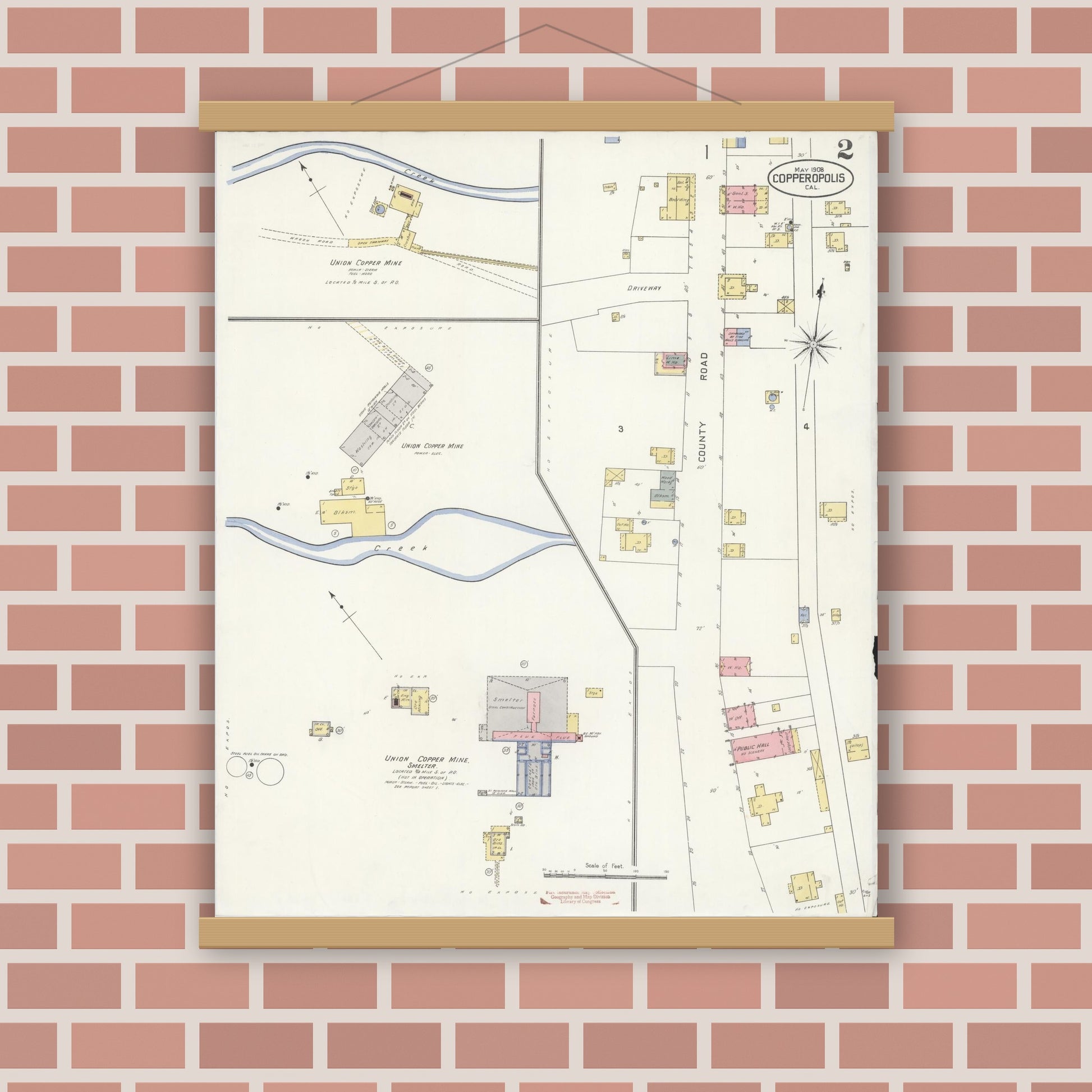 Old map wall art mockup — magnetic wood frame on brick wall — Sanborn Fire Insurance Map from Copperopolis, Calaveras County, California (1908), Sheet #0002