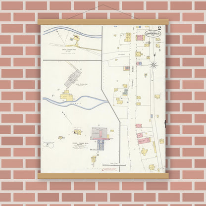 Old map wall art mockup — magnetic wood frame on brick wall — Sanborn Fire Insurance Map from Copperopolis, Calaveras County, California (1908), Sheet #0002